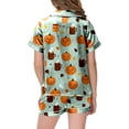 thumbnail image 5 of felwors Kids Halloween Pajamas Kids Pumpkin Ghost Print Girls Silk Pjs Short Sleeve Button-Down Top Shorts Set Kids Girls Clothes (Light Green,10-11 Years), 5 of 5