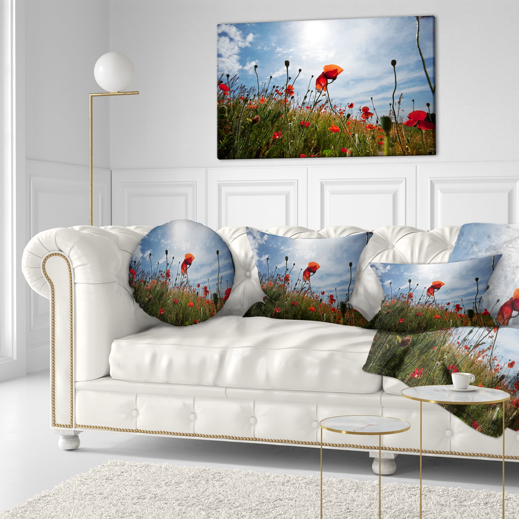 Designart Poppy Flower Field View From Ground - Floral Throw Pillow - 12x20