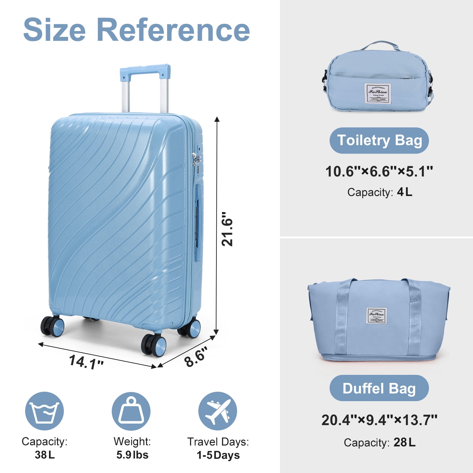 Zimtown 3 Piece Carry-on Luggage Sets, PP Hardside Suitcase Set with Spinner Wheels, Portable Travel Bag and Toiletry Bag, Blue