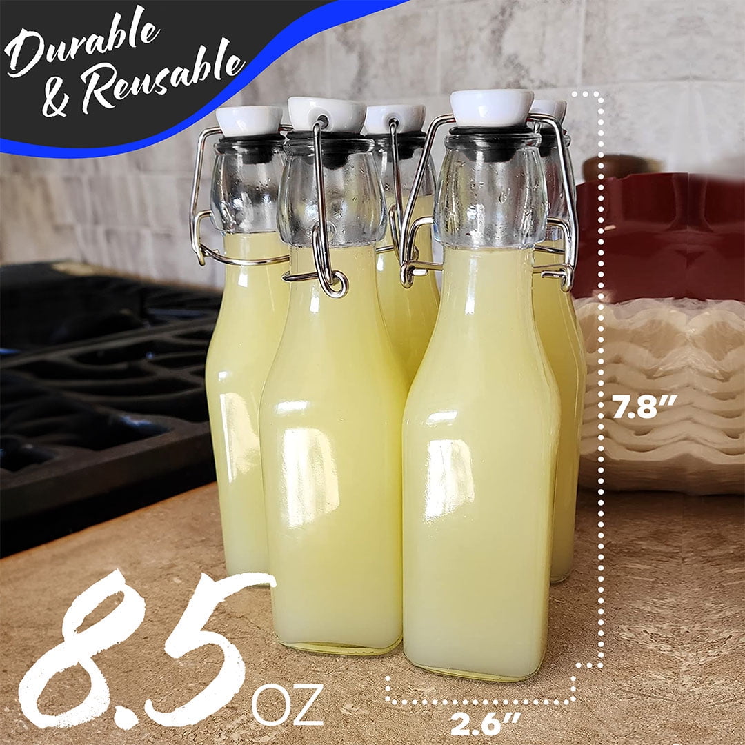 Nevlers 8.5 oz Square Swing Top Glass Bottles (Pack of 12) | Includes Funnel, Brush and Marker
