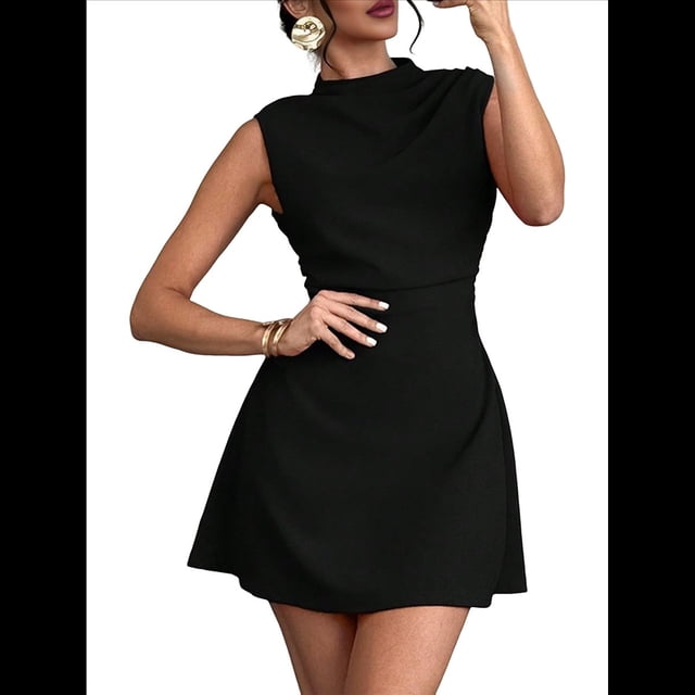 Vestido Mini para Mujer, Fruncido, Cuello Alto, Sin Mangas, Corte A, para Fiesta de Verano. Negro M