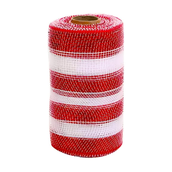 AUQ Red and White Stripe Decor Mesh, 6Inch W Red Metallic Mesh with Candy Cane Ruffle Patterned Mesh Ribbon for Christmas Tree, Wreaths, Garland, Gift Wrapping, Bows Making (30 Feet)