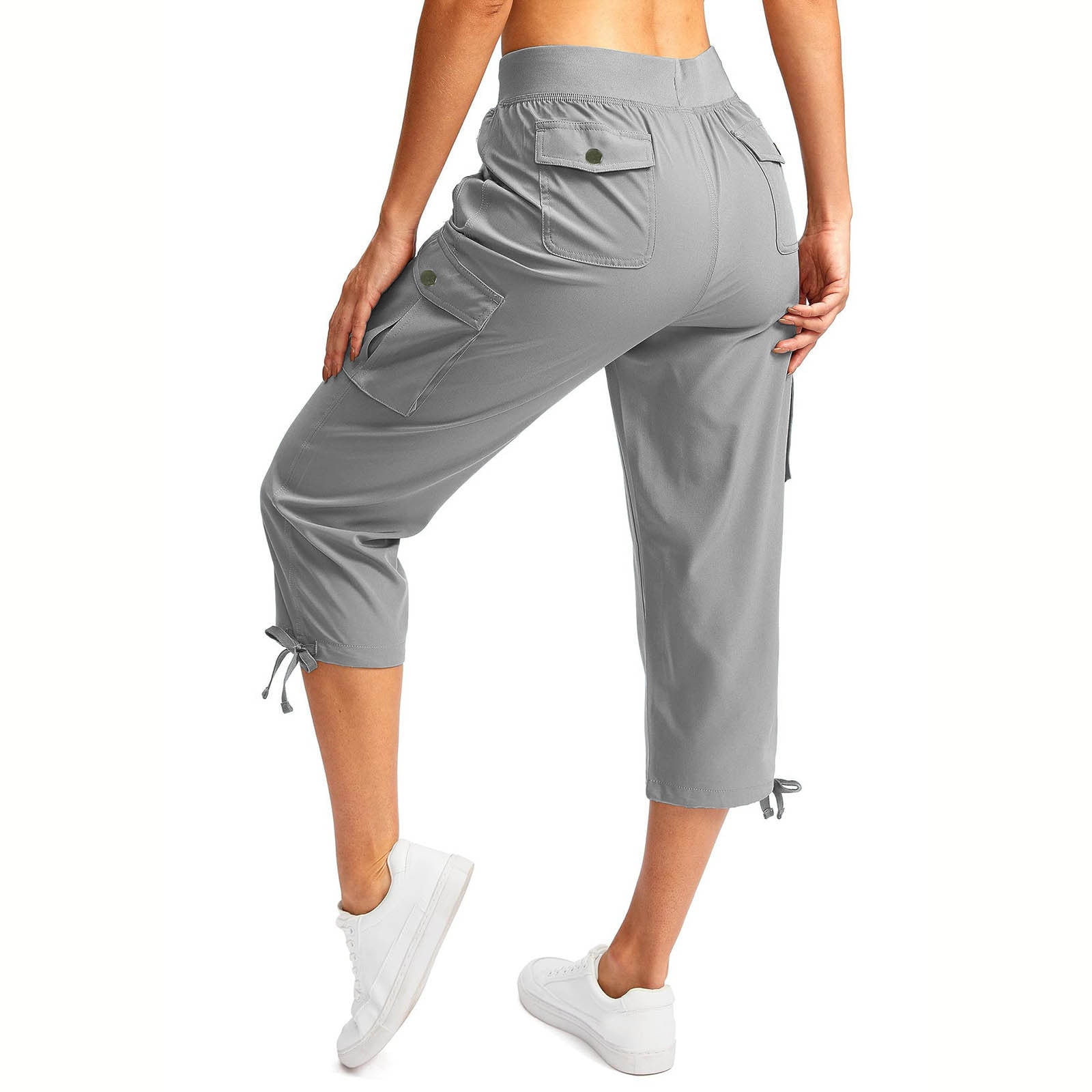 Women's Cargo Capri Pants - Elastic Waist Hiking Pants With Pockets For Summer & Travel