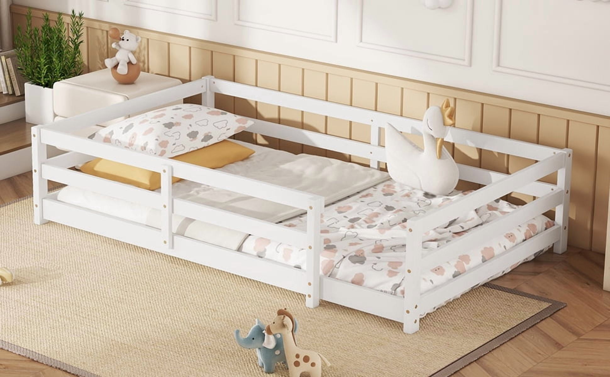 Leumius Twin Size Floor Bed,Montessori Floor Bed with Fence,Wood Floor Bed Frame Twin Size for Boys & Girls,No Box Spring Needed,White