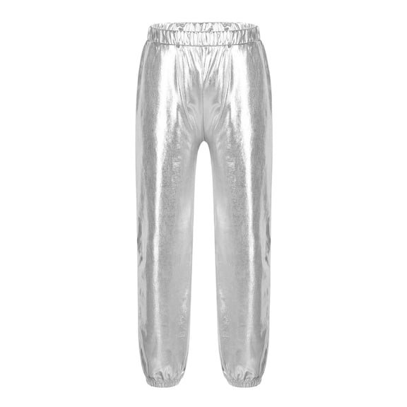 Moggemol Kids Girls Boys Shiny Metallic Dance Harem Pants Athletic Leggings Hip Hop Street Dance Pant Silver 16