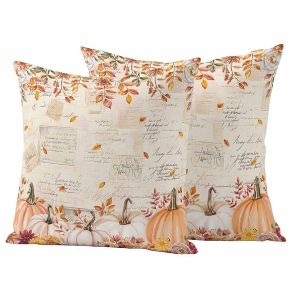 Outdoor Pillow Covers 18 x 18 Inches, Pink Orange Pumpkins Fall Waterproof Throw Pillow Cover Set of 2, Thanksgiving Leaves Floral Autumn Decorative Square Cushion Covers for Patio/Tent/Couch/Garden