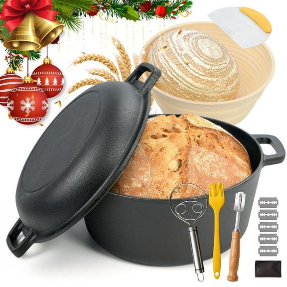 Daluvenix 6.5QT Cast Iron Dutch Oven for Bread Baking, Dutch Oven Pot with Lid Pre-Seasoned Cast Iron Cookware, Includes Dutch Oven Baking Pan, Proofing Basket Dough Tools for Sourdough Frying BBQ
