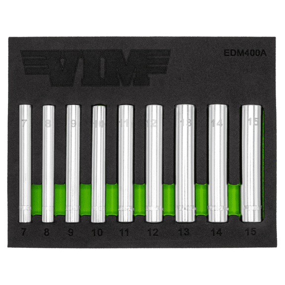 VIM Tools 9 Piece 1/4 Inch Extra Deep 6 Point Metric Socket Set - 1/4 Inch Drive (7 - 15 mm)
