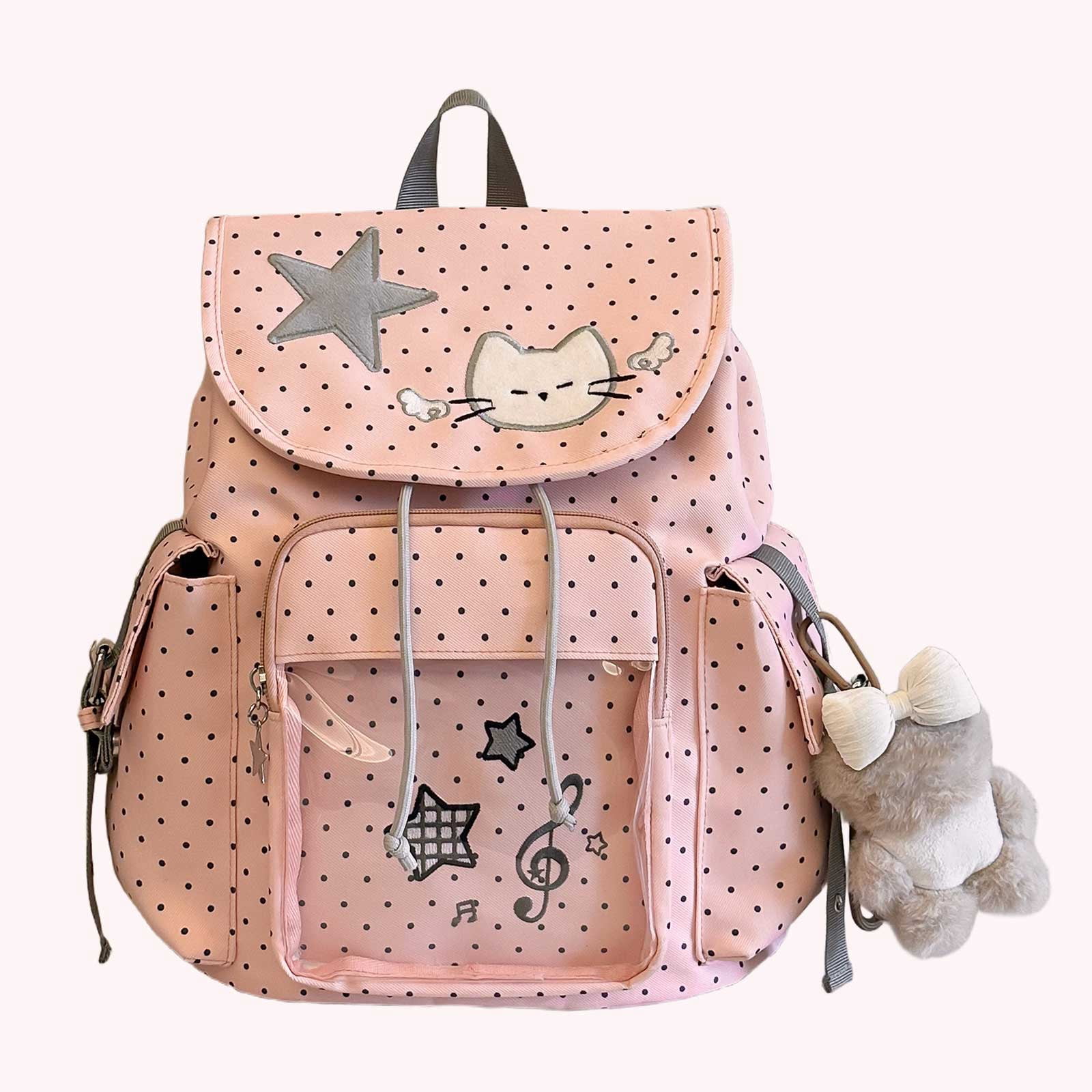 HUISZJ Large Capacity School Backpack, Polka Dot Printed School Bag, Drawstring Laptop Backpack for Students College Travel, Pink