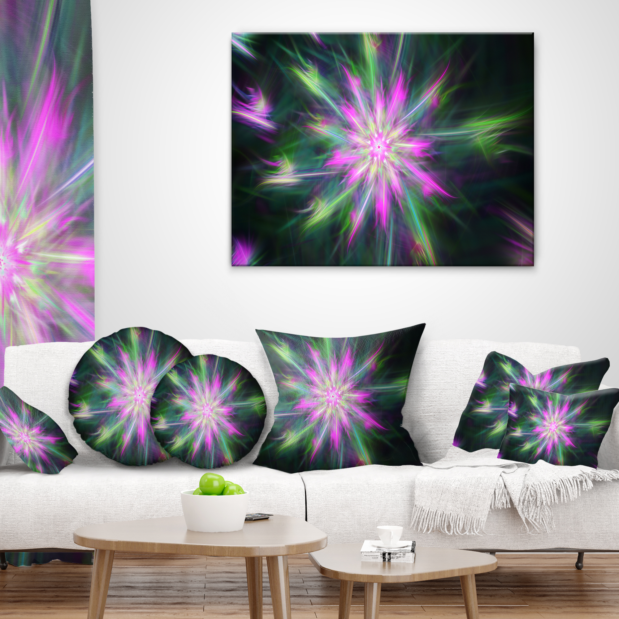 Designart Green Fractal Shining Bright Star - Abstract Throw Pillow - 12x20