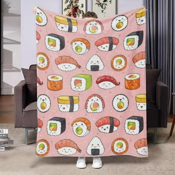 [60x50inch] Soft Funny Throw Blanket Japanese Style Sushi Roll Print Flannel Cartoon Patterned Fleece Blanket For Bed,Sofa,Chair All Seasons Comfort,Ideal Gift For Food Enthusiasts