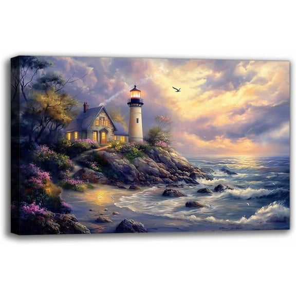 Nautical Theme Charm Coastal Sunset Framed Lighthouse Canvas Wall Art Prints - Vibrant Seascape Art Painting Wall Decor for Living Room Bedroom Bathroom Farmhouse Office & Cafe Room Decor