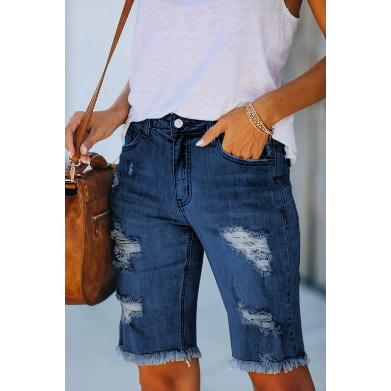 Blibea Women's Mid Rise Distressed Denim Bermuda Shorts with