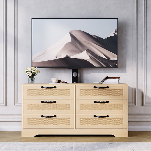 EDTara Entertainment Center With Tv Mount, 47.2" Rattan-Front 6-Drawer Dresser for 32–85" Televisions
