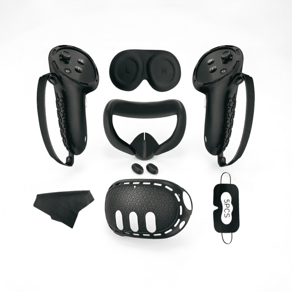 For 7 in 1 Silicone VR Protective Accessories Set Includes Controller Grip Case Face Cover Eye Mask Lens Cover Compatible with Meta Quest 3 Black