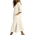 thumbnail image 6 of CHGBMOK Cotton Linen Dresses for Women Fall 3/4 Sleeve V Neck Fitted Waist Dress Side Slit Midi Dress with Pockets, 6 of 6