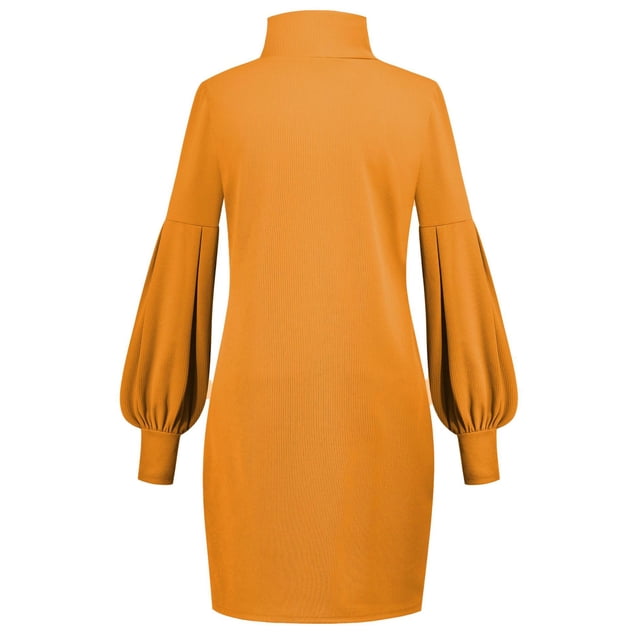 LUXUR Robe Courte pour Femmes, Couleur Unie, Mini Robe, Col Montant, Aguichant, Manches Longues, Jaune, TG