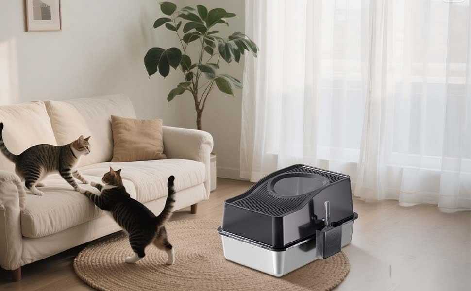 Stainless Steel Cat Litter Box - Enclosed Top Entry, High Sided Splash-Proof Design, Easy Clean Detachable Tray, Odor Control, Litter Mat & Scoop Included, Black Bottom Basin 20 High,60 x 40 x 39.5cm