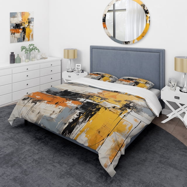 Designart "Yellow and Black Abstract Arrangement II" Abstract Bedding Covert Set - Abstract Yellow Modern Bed Set With 2 Shams