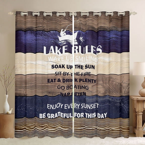 Homewish Rustic Lake House Curtains Pack of 2 (42x84 Each) for Adult, Brown Navy Wooden Plank Curtains Blackout, Countryside Theme Bedroom Curtains, Window Curtains Bedroom Decor