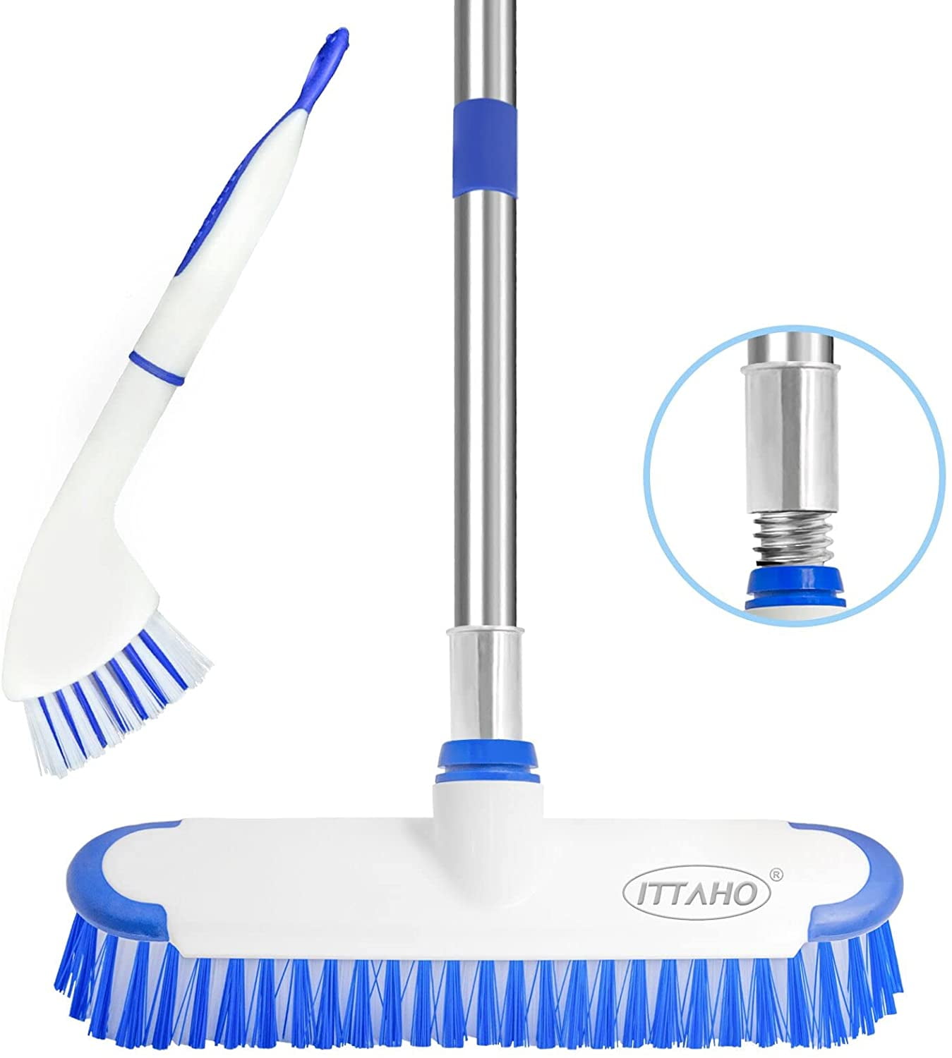 ITTAHO Floor Scrub Brush with Long Stainless Steel Handle,Extension Brush with Small Deep Cleaning Brush - 12'