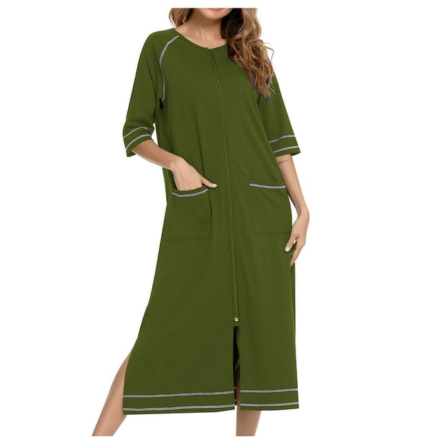 LNGOOR Robes pour Femmes Robe à Glissière Robe de Nuit à Manches 3/4 Vêtement de Nuit Robe d'Intérieur Longueur Complète Déshabillés Vêtements de Détente avec Poches Pyjama Ample