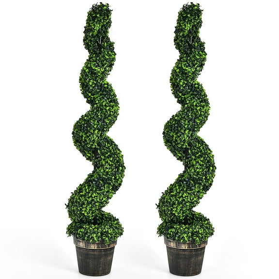 Costway 4FT Spiral Boxwood Topiary Trees in Golden Cement Pot (2 Count)