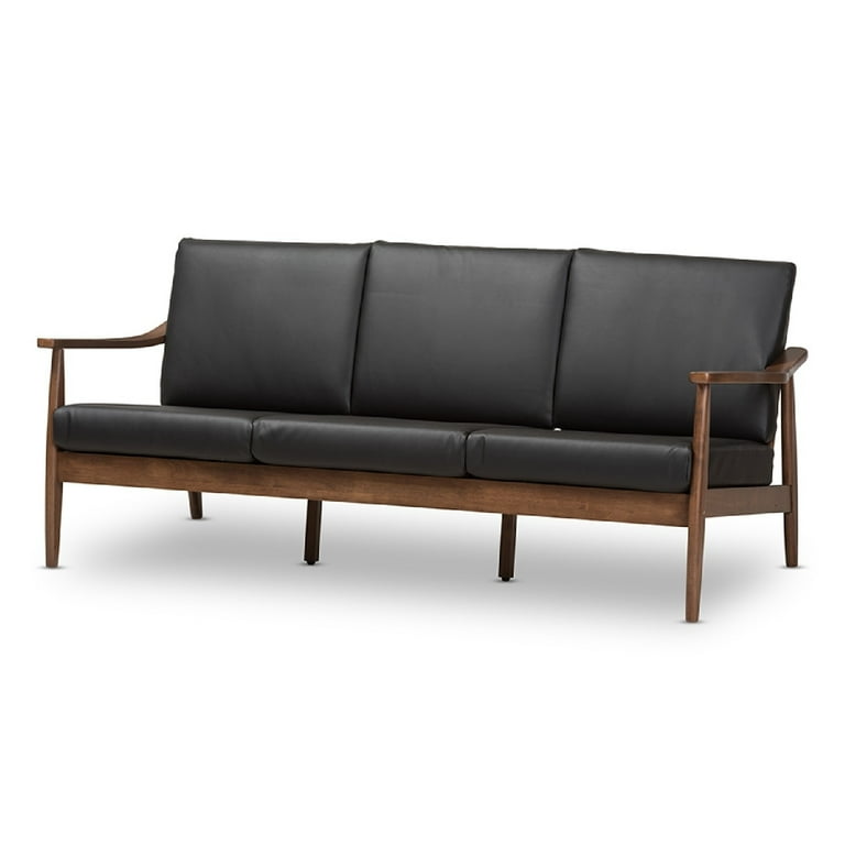Baxton Studio Venza Mid-Century Modern Walnut Wood Black Faux Leather 3-Seater Sofa Baxton Studio Venza Mid-Century Modern Walnut Wood Black Faux Leather 3-Seater Sofa