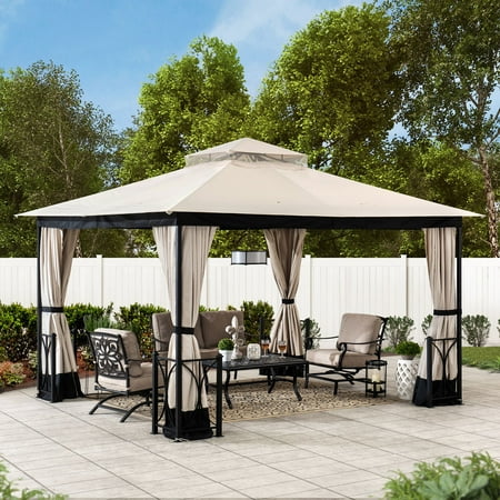 Sunjoy Bloomsbury 10 ft. x 12 ft. Beige and Black Steel Gazebo with 2-tier Hip Roof with Mosquito Netting and Curtain