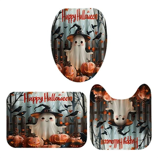 Specialoffer!Halloween Shower Curtain Set Halloween Bathroom Curtain Set Shower Curtain Pumpkin Shower Curtain Set With Non Slip Rugs Toilet Lid Cover And Bath Mat Shower Curtain Rings