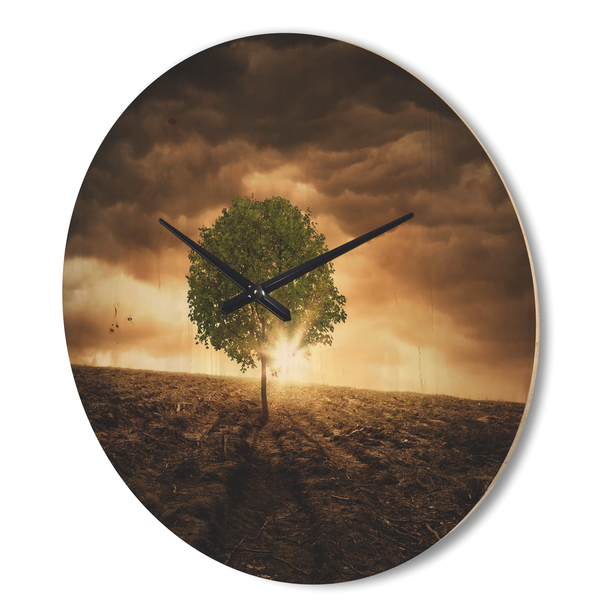 Designart 'Lonely Tree under Dramatic Sky at Evening Glow' Modern Wood Wall Clock