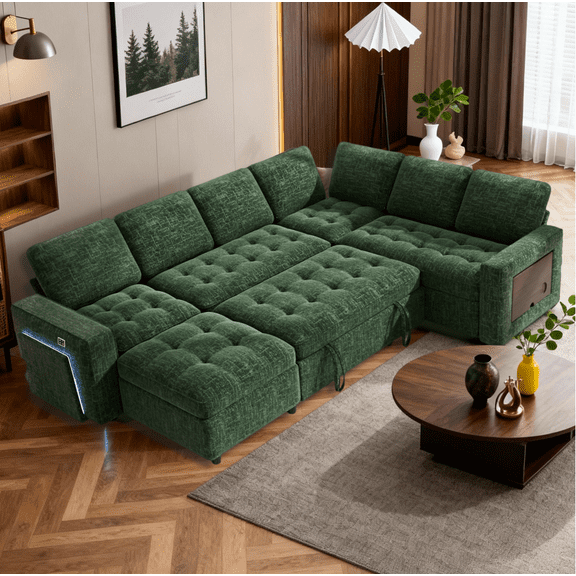 7-Seat Modular Sectional Sofa with Pull-Out Bed, Reclining Backrest, USB Ports, Table, LED Lights & Storage Seats – Tool-Free Assembly, Comfortable Living Room Furniture Green