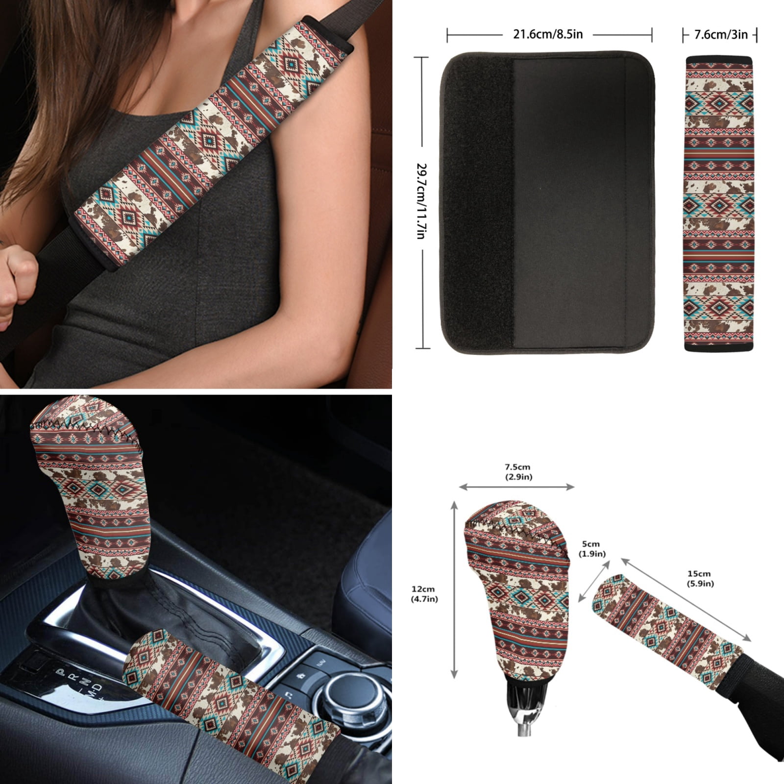 Renewold American Tribal Brown Cow Print Red Car Seat Covers with Steering Wheel Cover and Seat Belt Pad Armrest Pad Handbrake Cover Gear Shift Cover Cup Coaster Holder Seat Cover, Pack of 12
