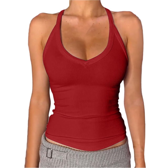 DondPO Womens Tank Tops,Lady V Neck Racer Back Tank Top For Women Padded Ribbed Long Tank Fitted Basic Tops,Halter Tops for Women,Womens Loose Tank Tops Clearance! Red S Clearance!