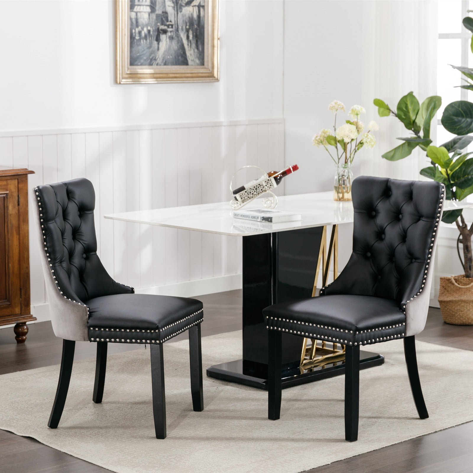 Rhomtree Faux Leather Tufted Dining Side Chairs, Black/Gray (Set of 2)