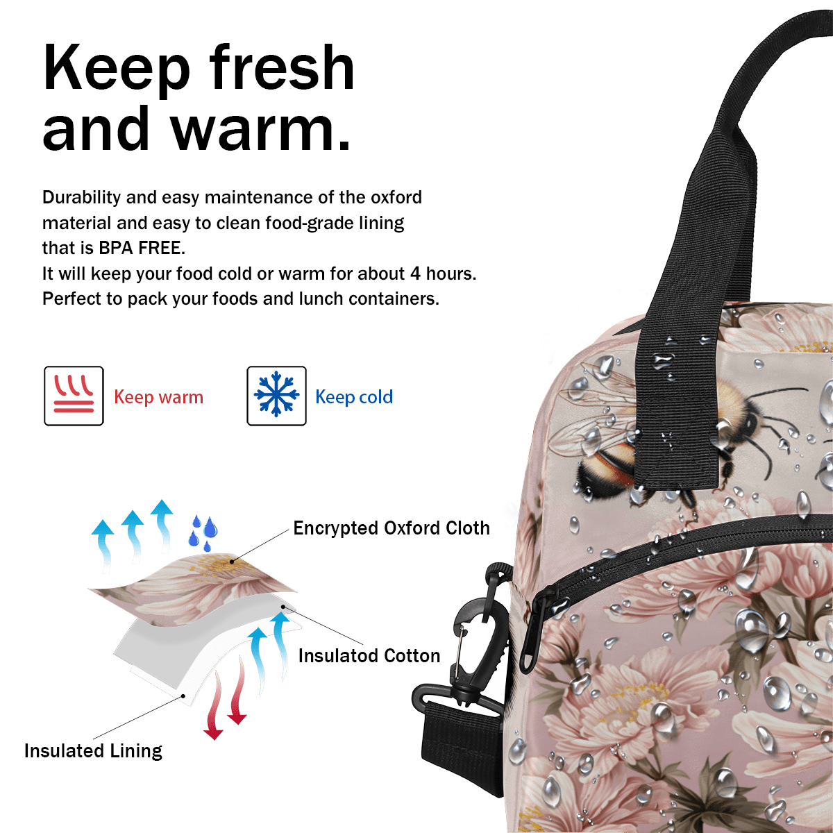 Herdesigns Bee and Flower Insulated Lunch Bag for Women Men Adults Large Reusable Lunch Box Bee Theme Leakproof Cooler Tote Bags with Adjustable Shoulder Strap