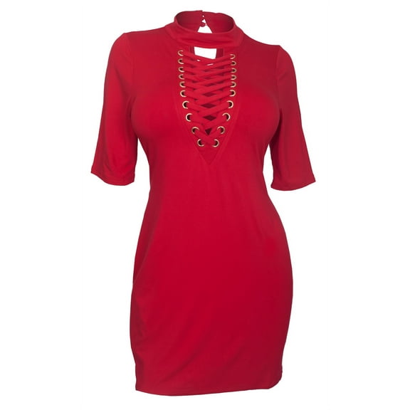 Plus Size Mock Turtleneck Lace Up Dress Red