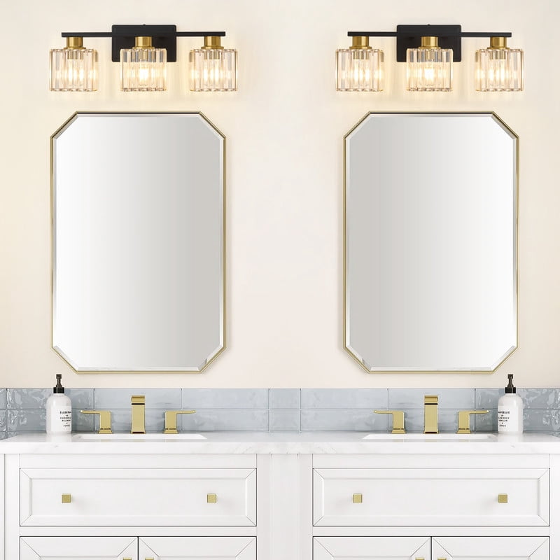 Deyidn Modern Bathroom Vanity Light 3-Lights Modern Black Gold Brushed Brass Finish Crystal Bathroom Wall Light Bathroom Vanity Light Fixtures