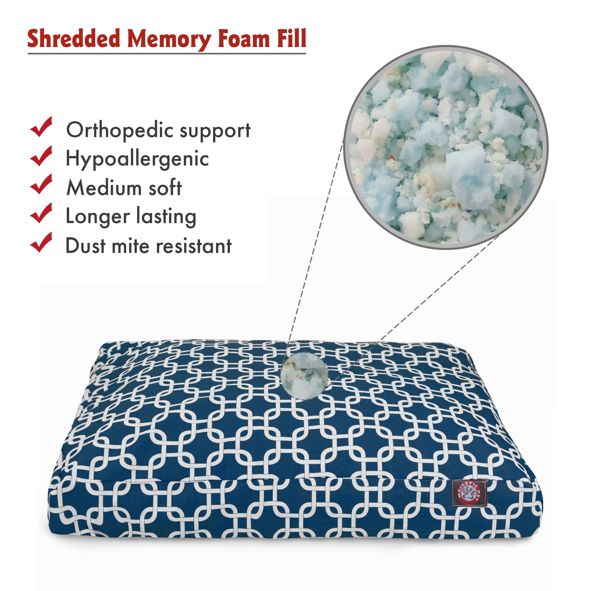 Majestic Pet | Links Shredded Memory Foam Rectangle Pet Bed For Dogs, Removable Cover, Navy Blue, Large
