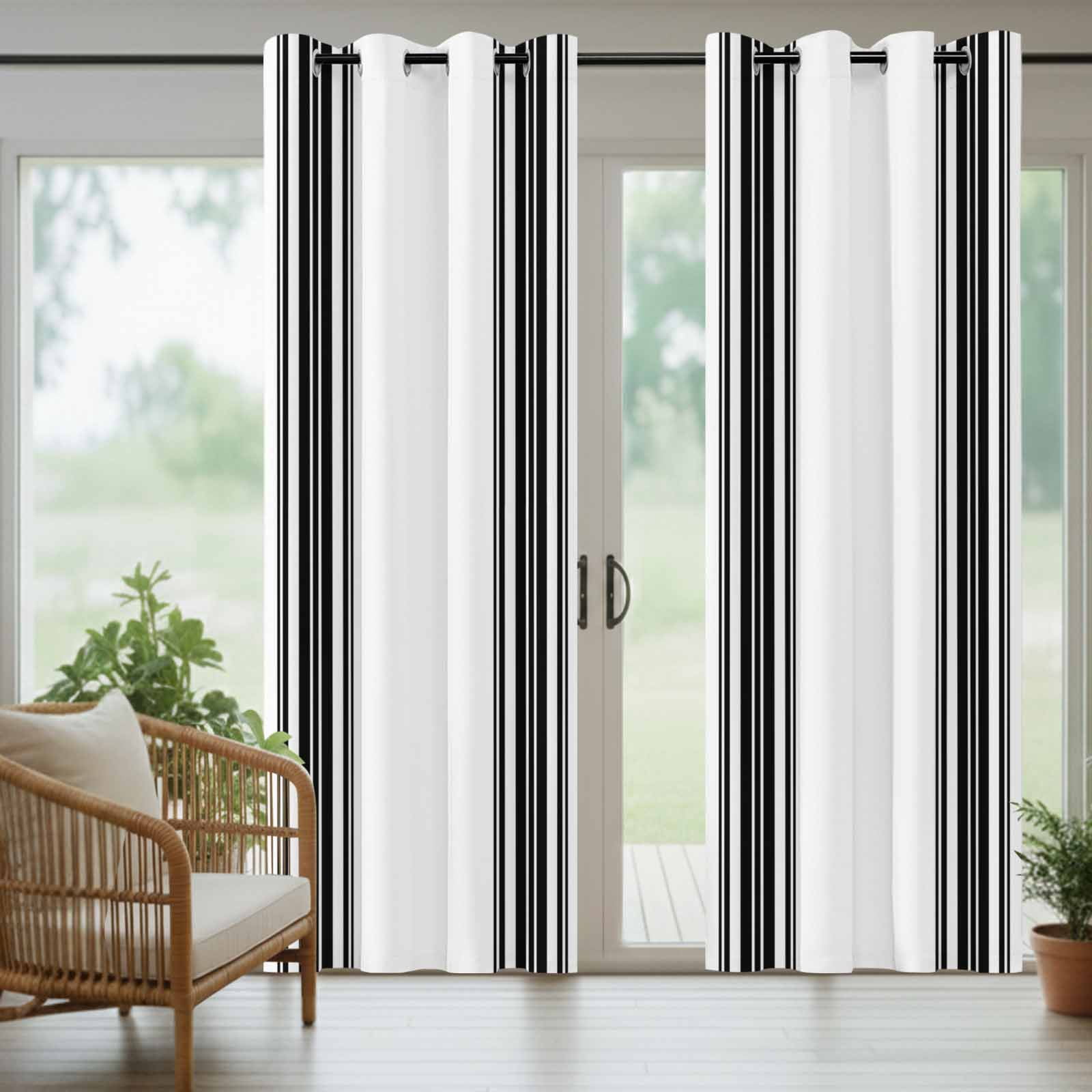 Colorful Stripes Outdoor Curtains for Patio Waterproof, Black Wood Texture White Grommet Curtains for Porch Outside Privacy Drape for Gazebo Garden Pergola, 2 Panels, 54x95in