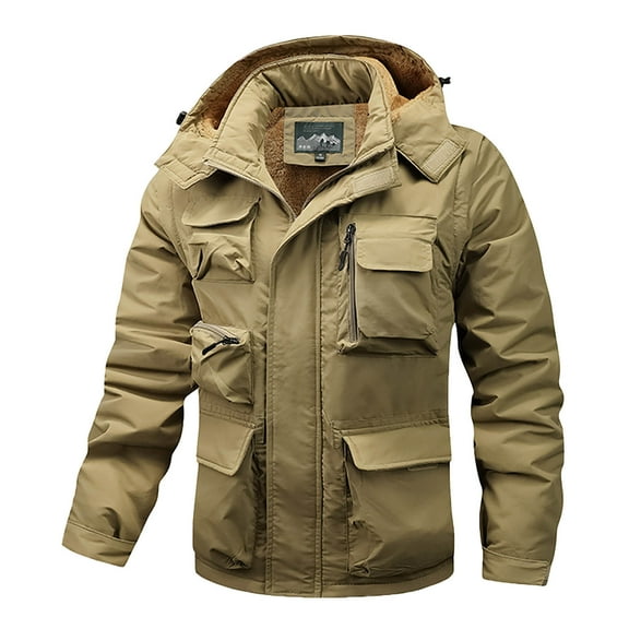 HOOMEUMY Mens Winter Jacket Outdoor Workwear Casual Loose Zipper Pocket Hooded Coats Long Sleeve Casual Winter Coats (Khaki,XXXXL）