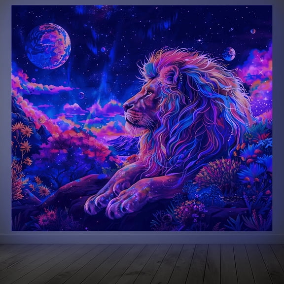 Lion Blacklight Tapestry Glow in the Dark Tapestry UV Reactive Moon Colorful Wall Hanging 59×51 Inch with Hook Self Adhesive Sticker Clip