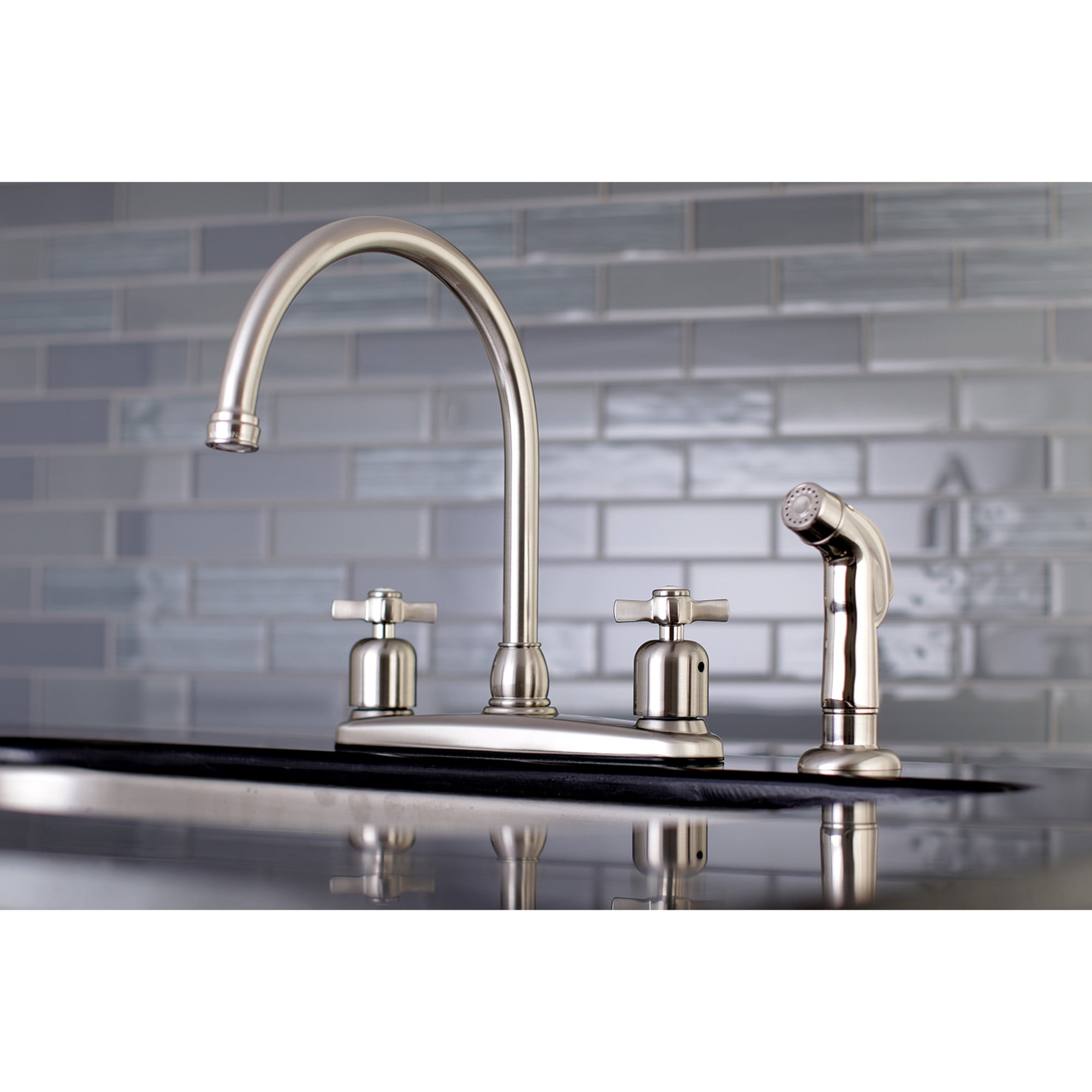 Kingston FB798ZXSP Millennium Two-Handle 4-Hole 8" Centerset Kitchen Faucet with Side Sprayer in Brushed Nickel