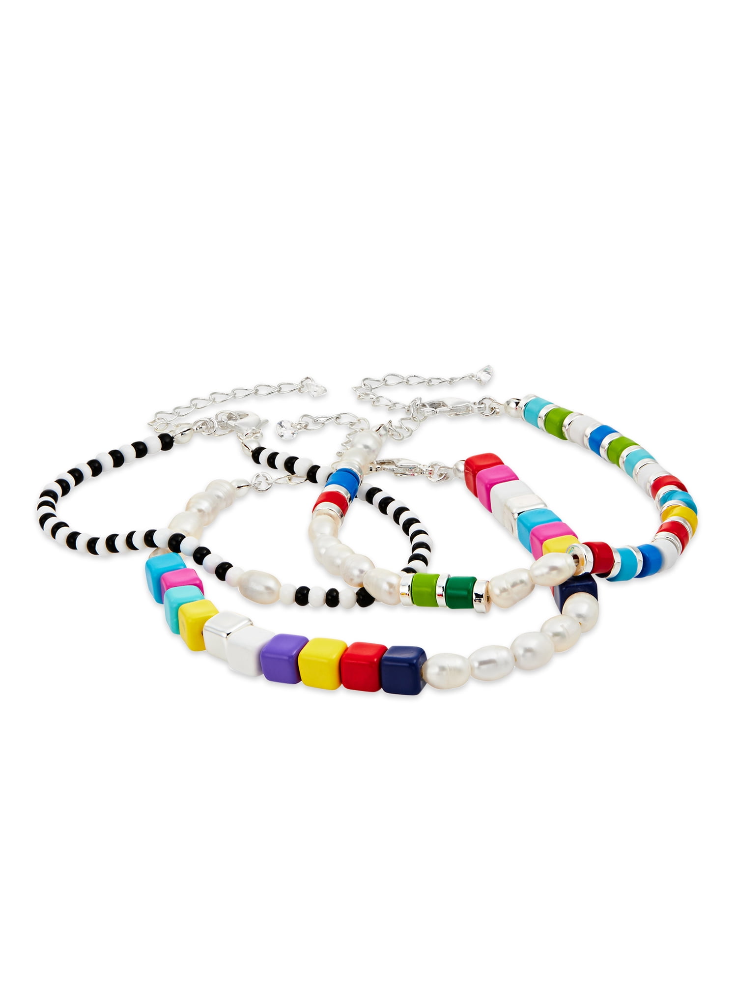 Scoop Womens Fine Silver Flash-Plated Multi-Color Bead and Pearl Bracelet, 3-Piece Set