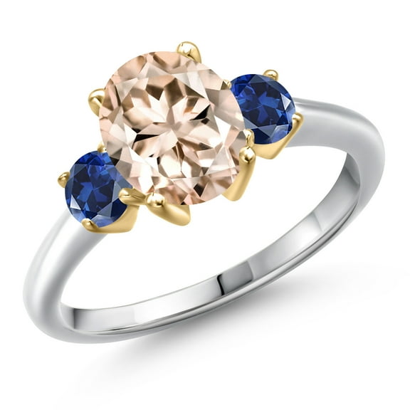 Gem Stone King 925 Silver and 10K Yellow Gold Peach Morganite and Blue Created Sapphire Engagement Ring for Women | 2.10 Cttw | Oval 9X7MM | Gemstone October Birthstone | Size 7