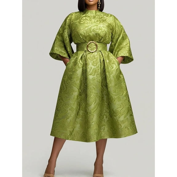 Women's Vintage Green Jacquard Midi Dress Stand Collar Flare 3/4 Sleeve Gold O-Ring Belt Pockets Swing Dress