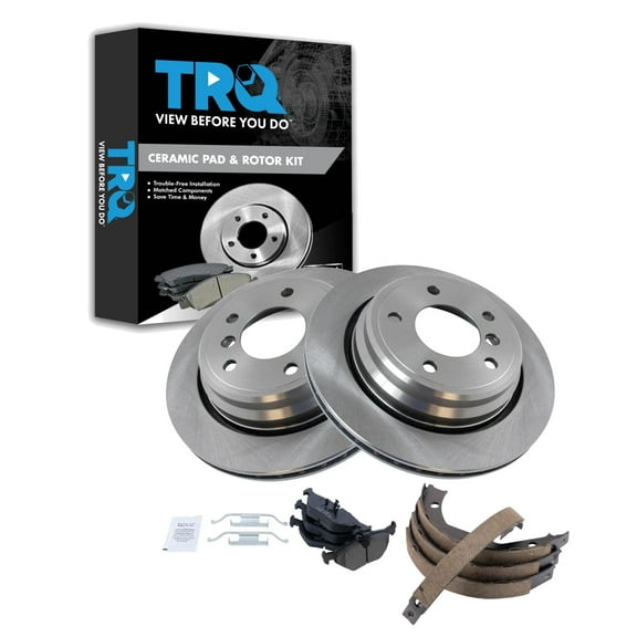 TRQ Rear Brake Pad & Rotor Kit Brake Pads Brake Rotor Parking Brake Shoe Set Ceramic Fits Select 2001-2003 BMW 525i 1997-2000 528i 530i 1997-2003 540i