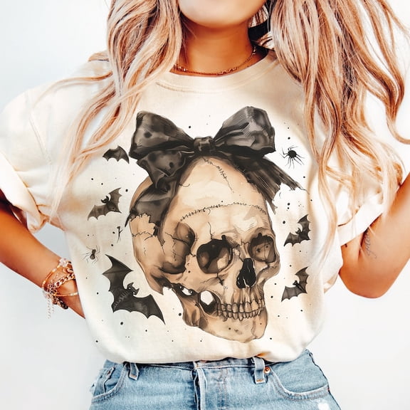 Coquette Halloween T-Shirt, Skull Bow Skeleton Tee, Spooky Season Shirt for Women, Cute Retro Halloween Outfit, Fall Gothic Graphic Tee