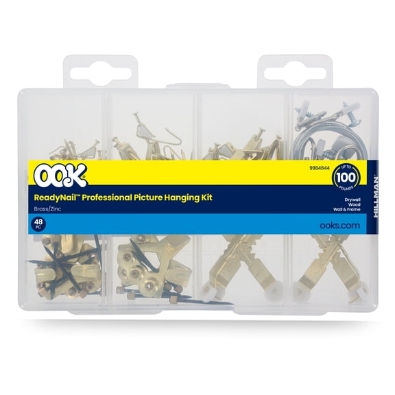 Ook Professional Picture Hanging Kit, ReadyNail, 1-100 lbs, Steel, Brass, Gold, 48 pack