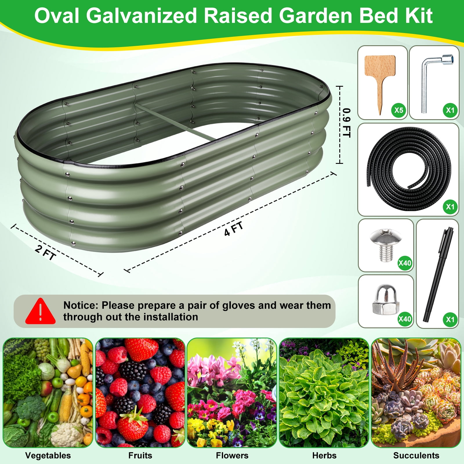 Angooni Olive Green 4x2x0.9ft Raised Garden Bed, Planter Boxes Outdoor, Large Galvanized Raised Garden Beds Outdoor
